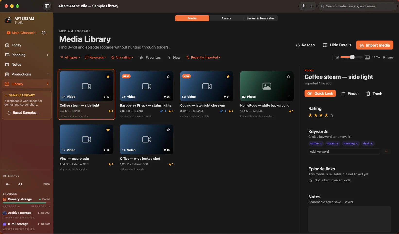 Reusable media library with previews, ratings, keywords, source details, and production links