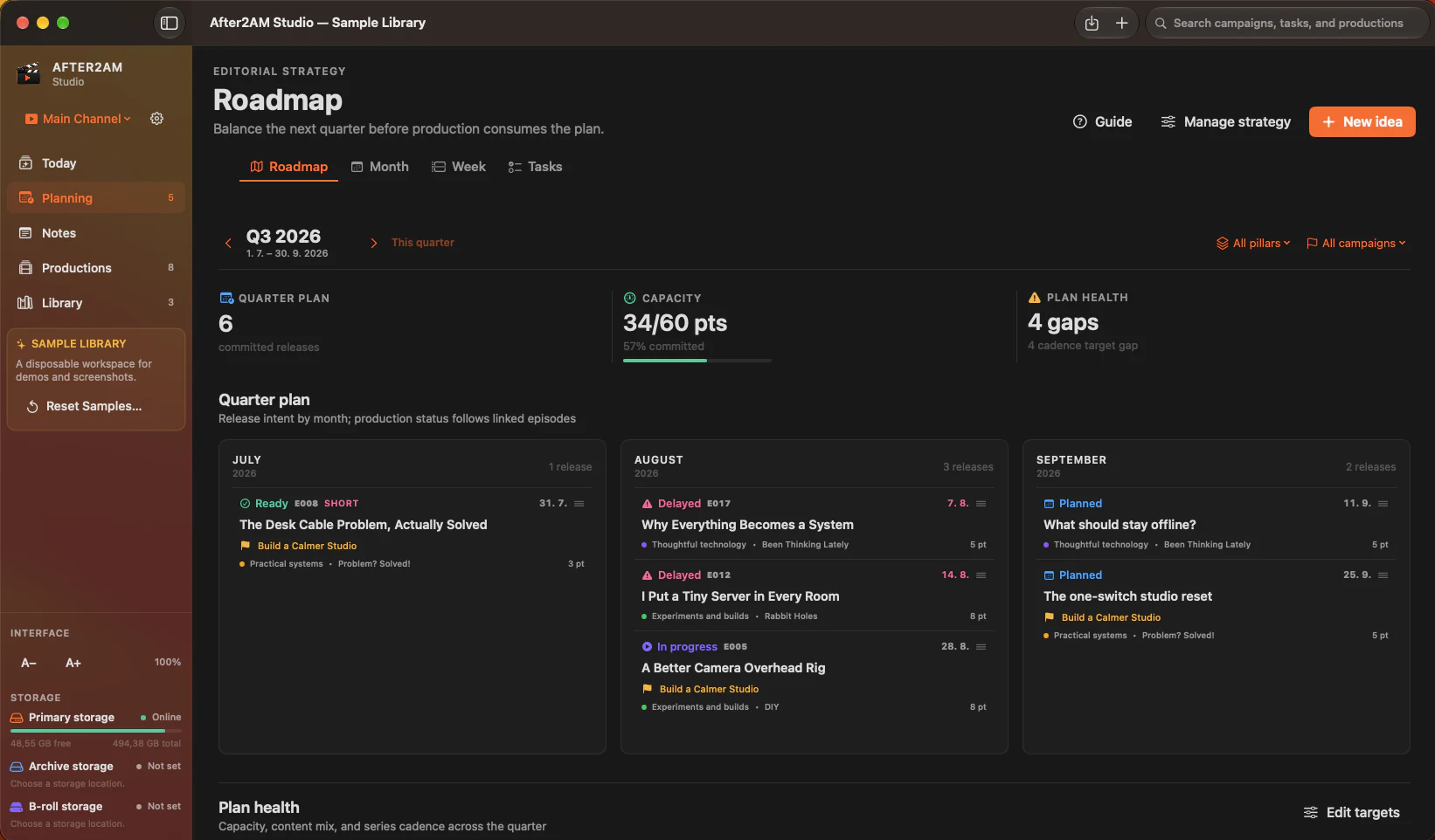 Quarterly roadmap balancing releases, capacity, campaigns, and content pillars
