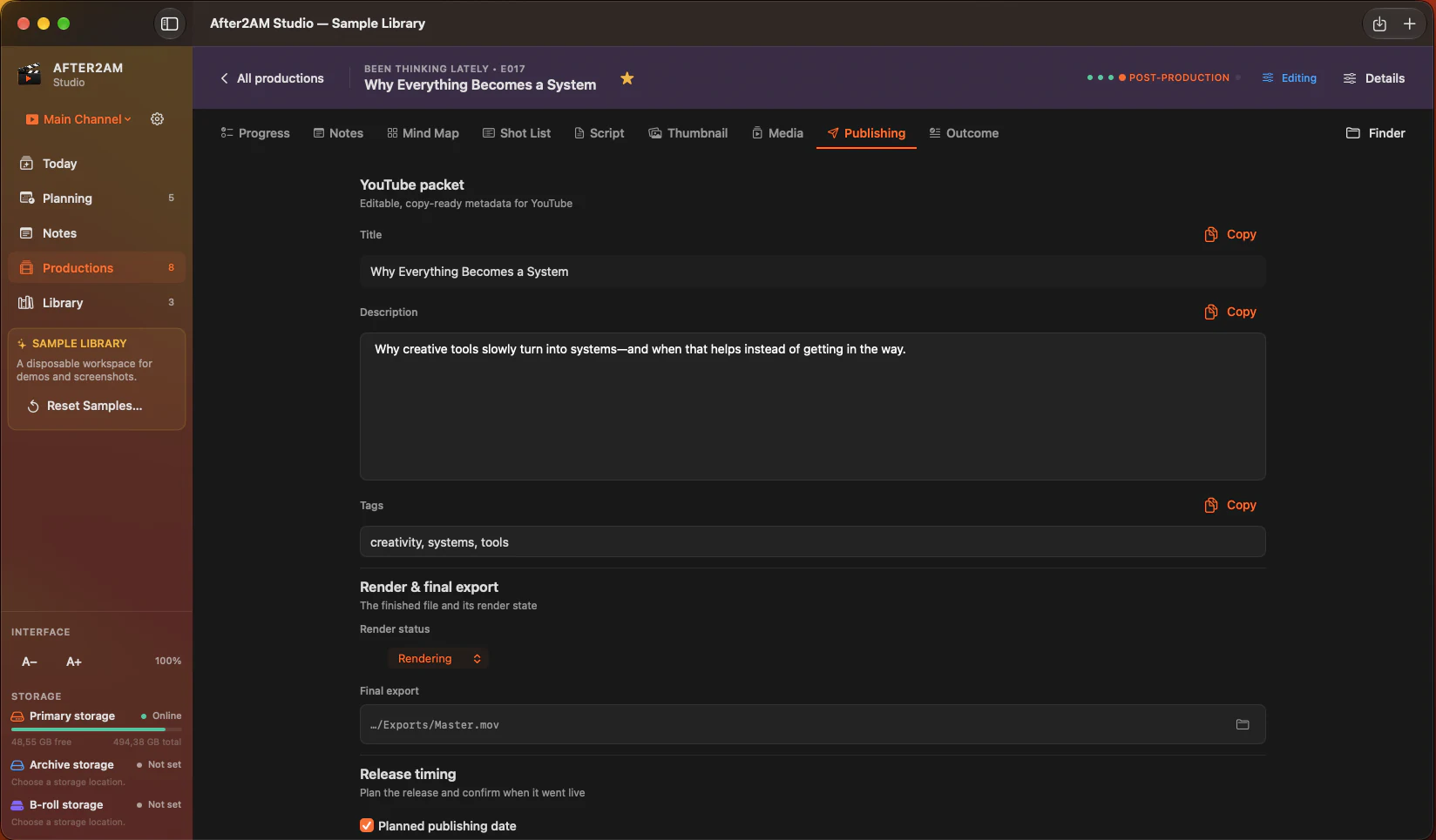 Publishing workspace with copy-ready YouTube title, description, tags, and final export status