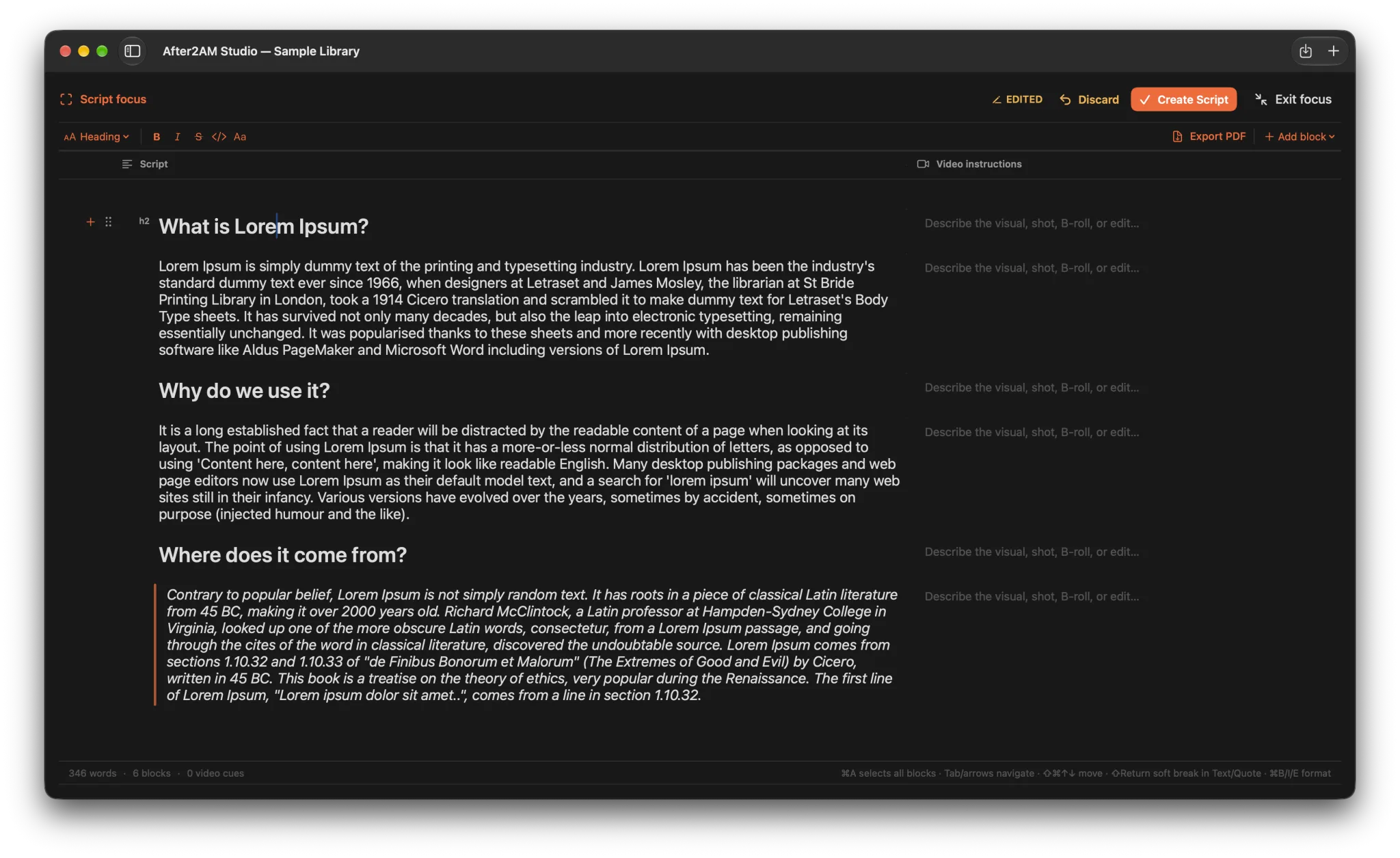 After2AM Studio Focus Mode showing a script and its video directions side by side without the production sidebar