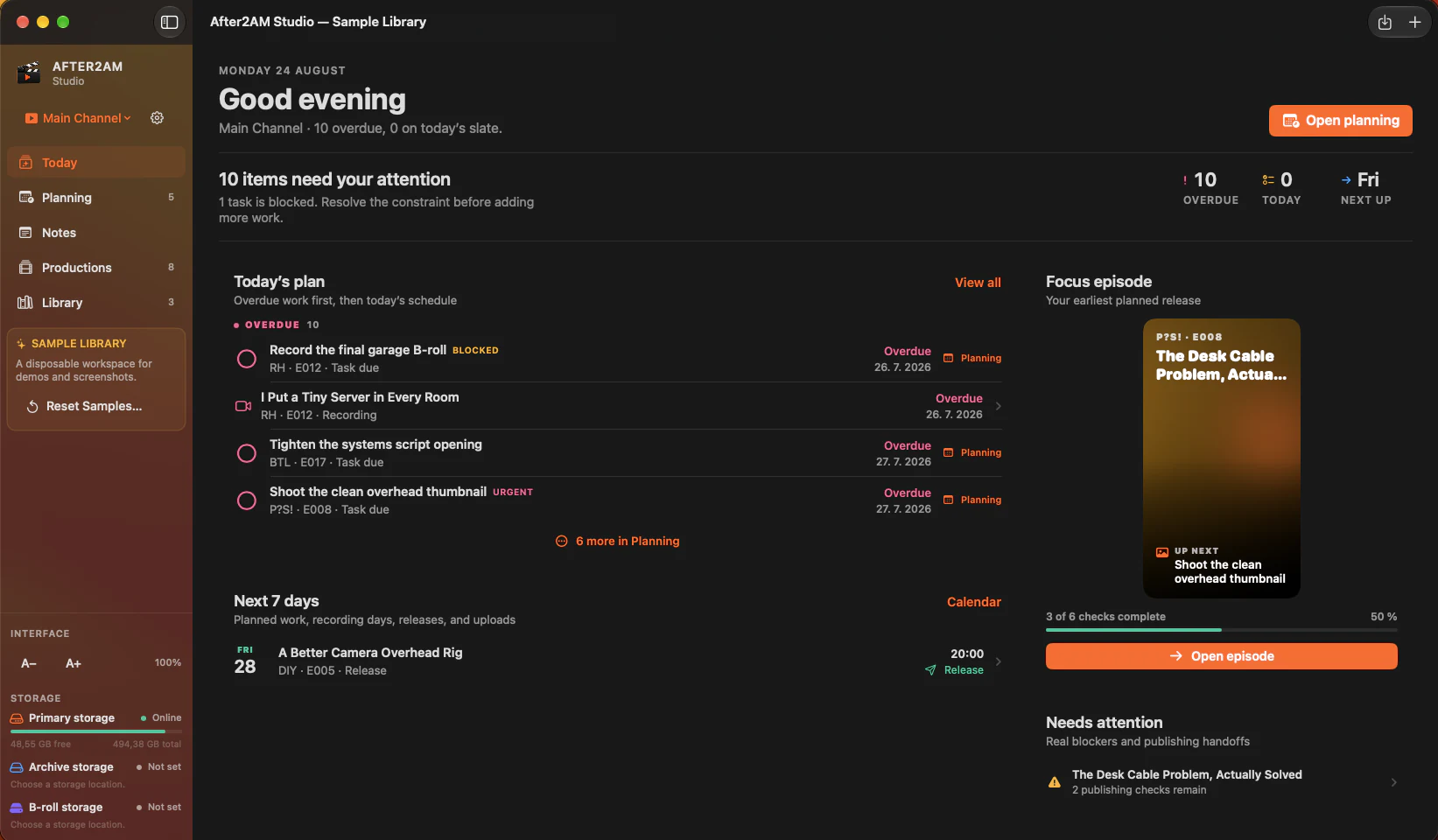 Today dashboard showing overdue tasks, a focus episode, upcoming work, and blockers